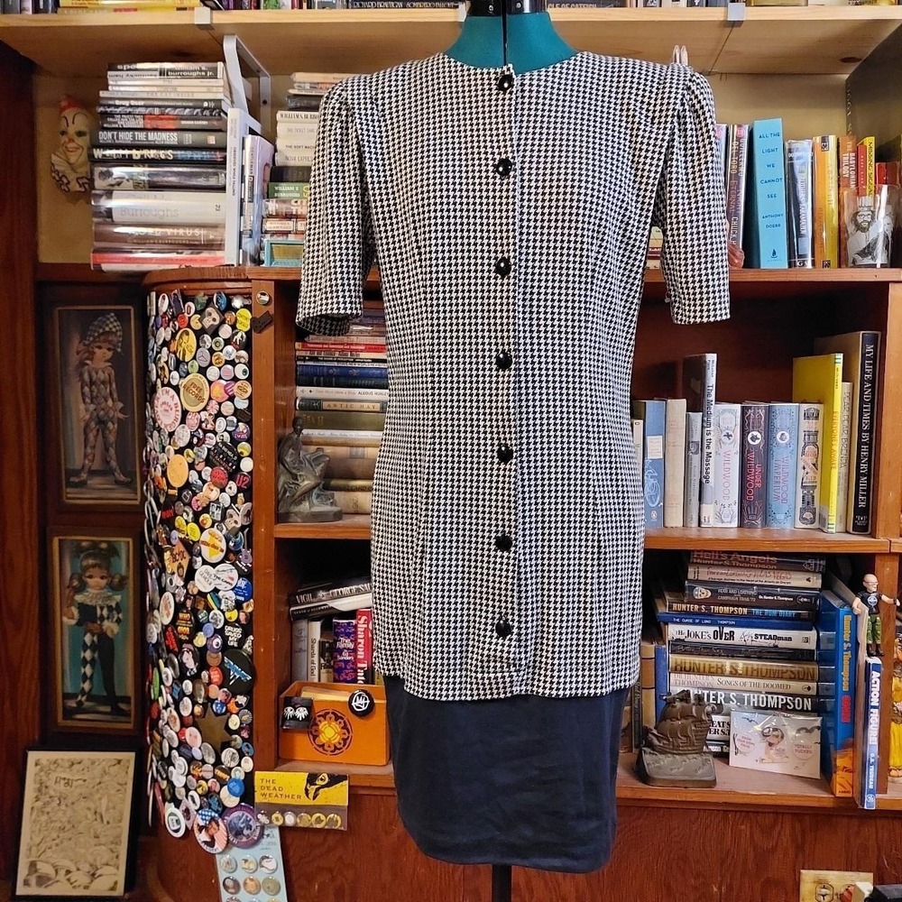 Vintage Byer Too 80s Houndstooth Drop Hem Dress Shoulder Pads Black White Size 9
